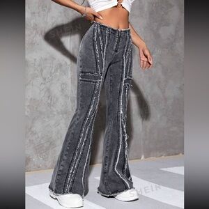 SHEIN ICON Raw Trim Flare Leg Jeans